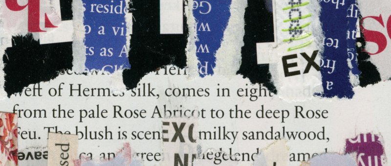 an abstract collage of various colors and types of printed text